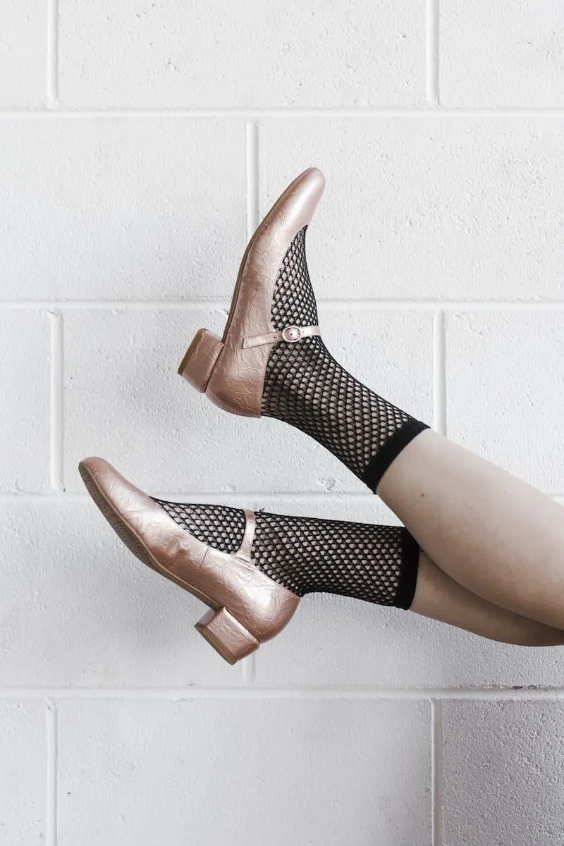 'Gracie' Mary-Jane vegan leather low-heels by Zette Shoes - textured rose gold