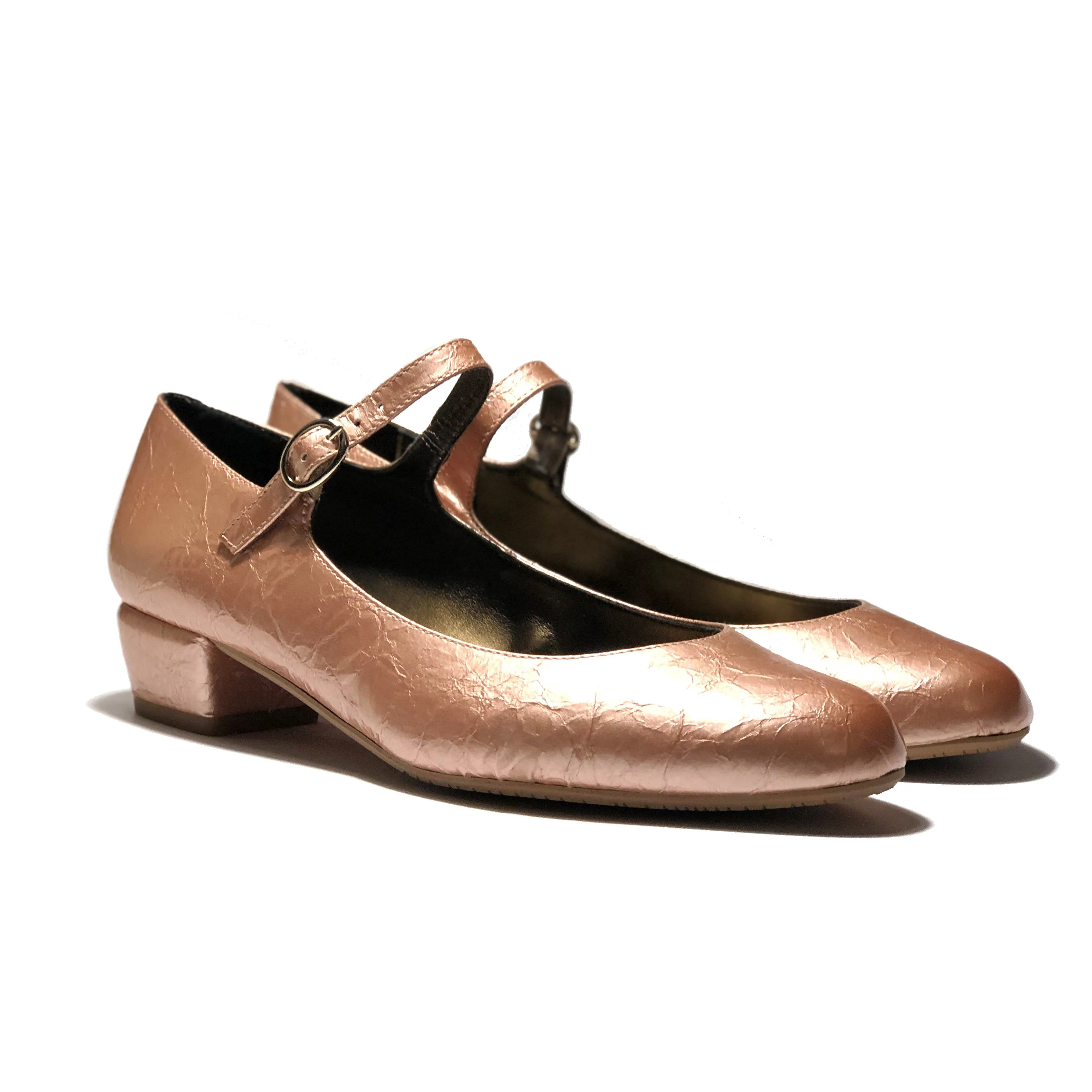 'Gracie' Mary-Jane vegan leather low-heels by Zette Shoes - textured rose gold