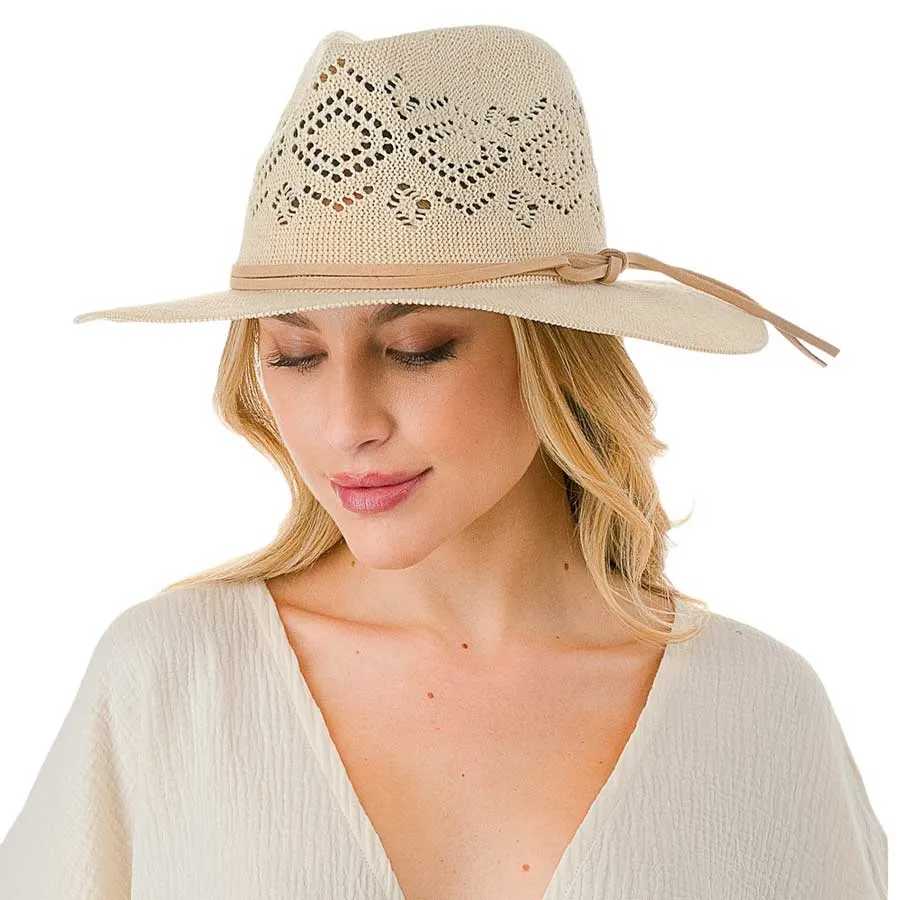 Faux Leather Trim Cut Out Detail Woven Hat