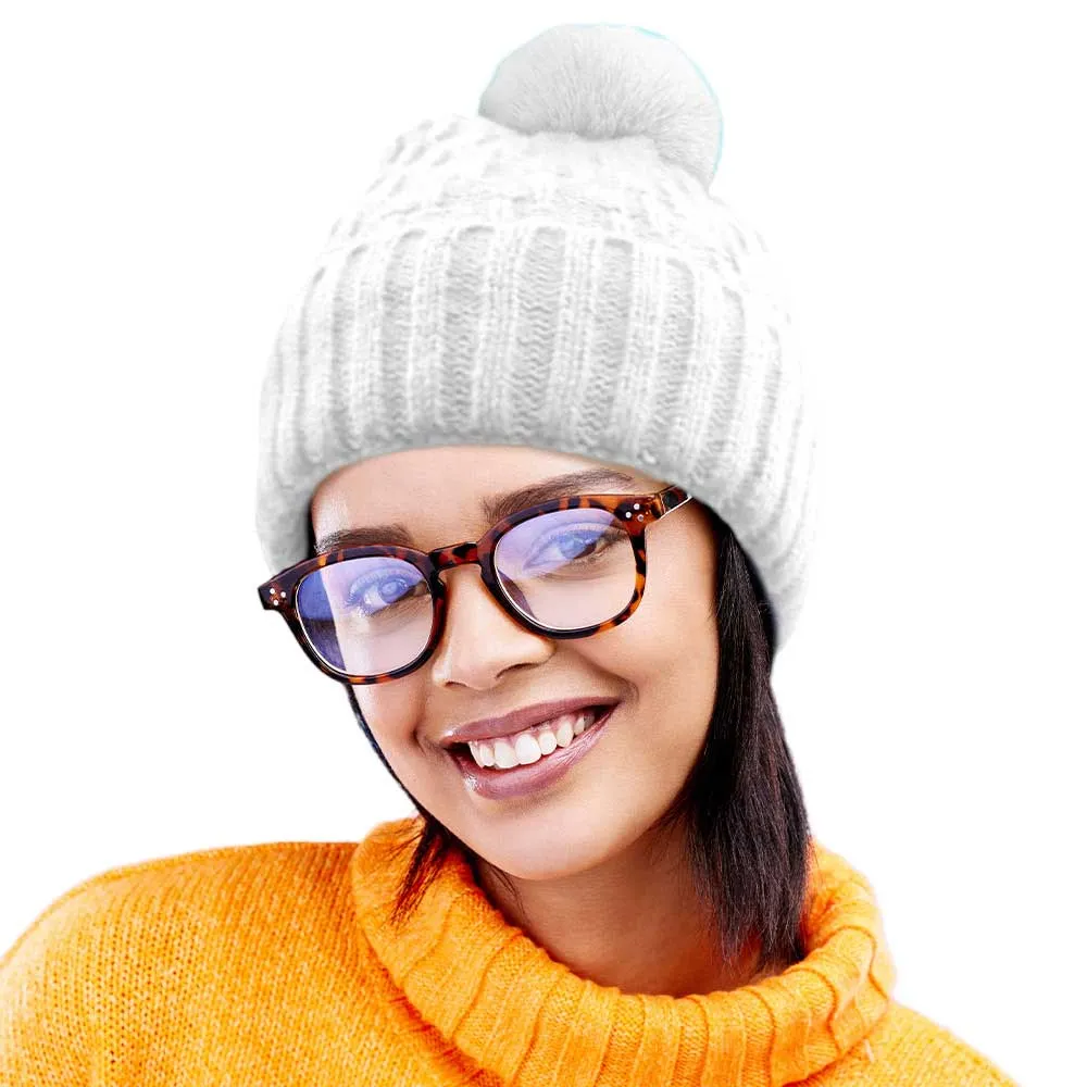 Fleece Lining Solid Knit Faux Fur Pom Pom Beanie Hat