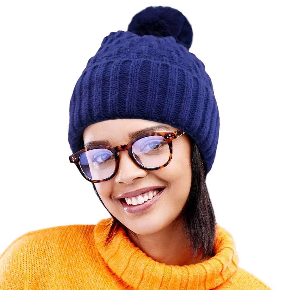 Fleece Lining Solid Knit Faux Fur Pom Pom Beanie Hat