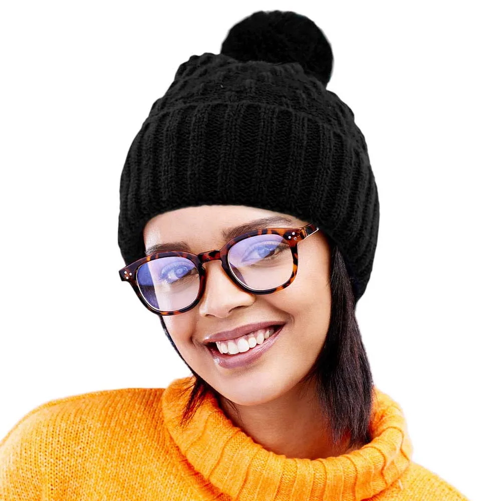 Fleece Lining Solid Knit Faux Fur Pom Pom Beanie Hat