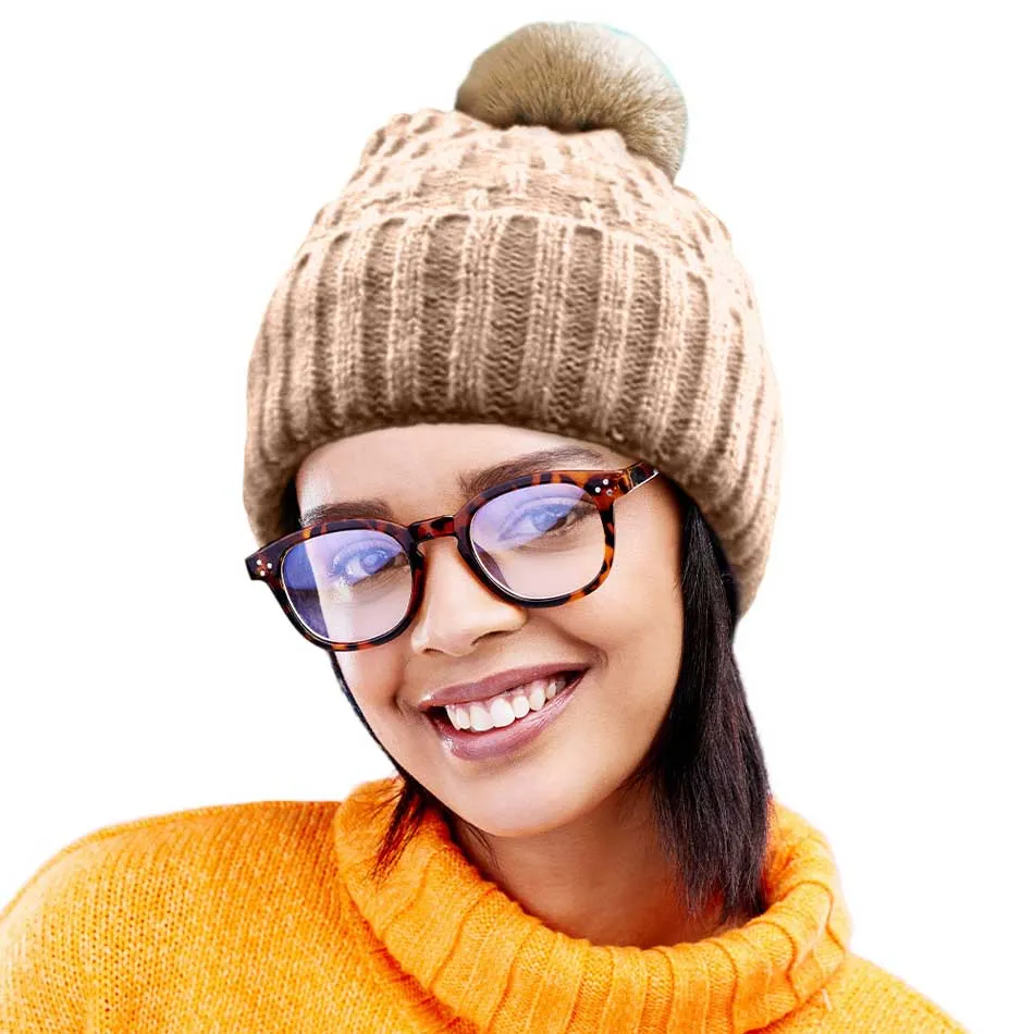 Fleece Lining Solid Knit Faux Fur Pom Pom Beanie Hat