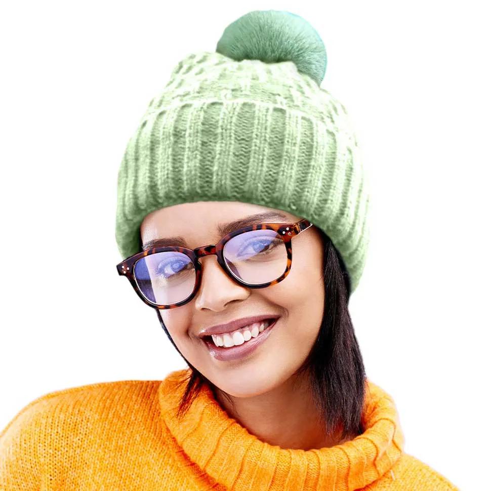 Fleece Lining Solid Knit Faux Fur Pom Pom Beanie Hat