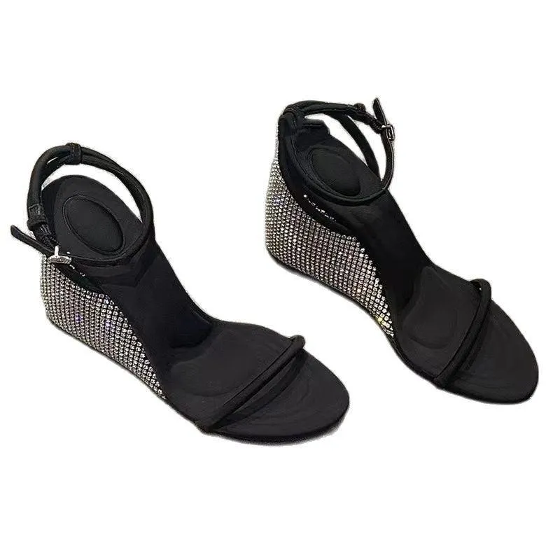 Strap Wedge Sandals - Rhinestones