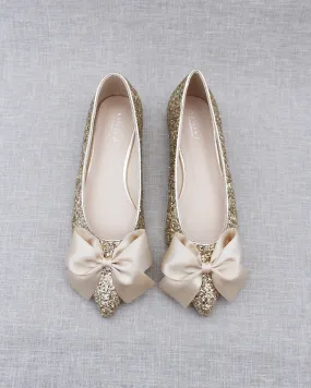 Gold Pointy Toe Glitter Evening Flats with Satin Bow