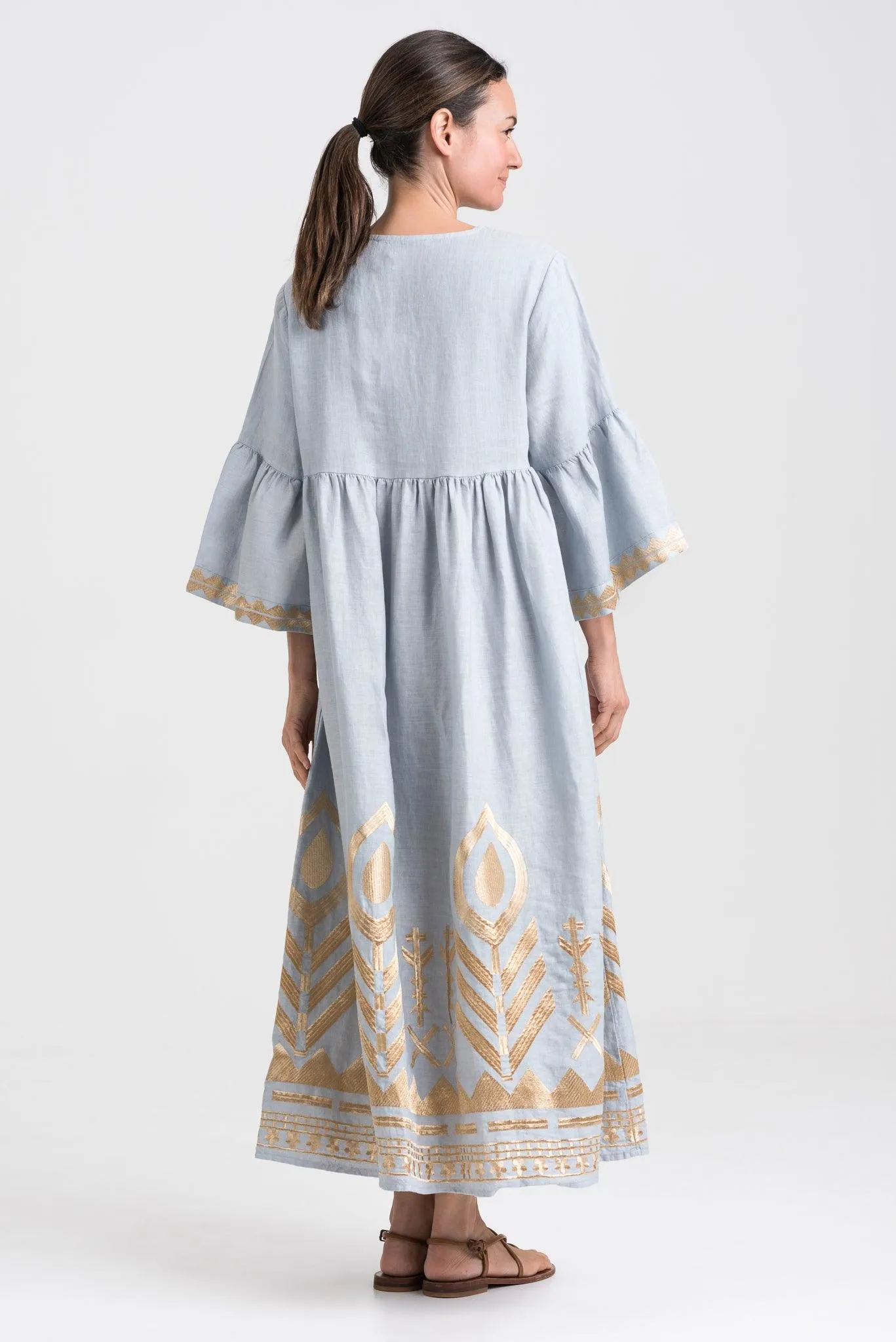 GREEK ARCHAIC KORI | Long linen Dress, Bell Sleeves Grey & Gold