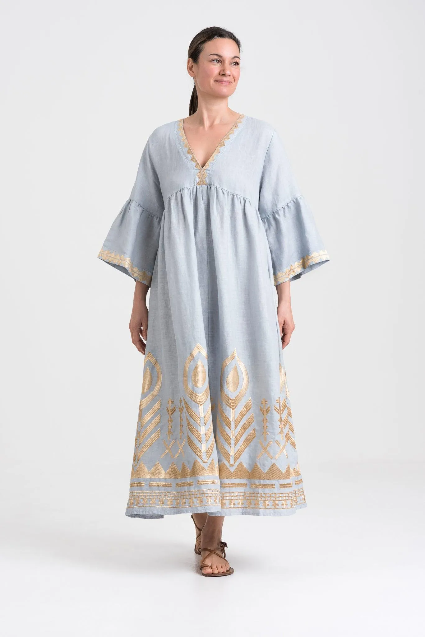 GREEK ARCHAIC KORI | Long linen Dress, Bell Sleeves Grey & Gold