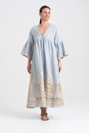 GREEK ARCHAIC KORI | Long linen Dress, Bell Sleeves Grey & Gold