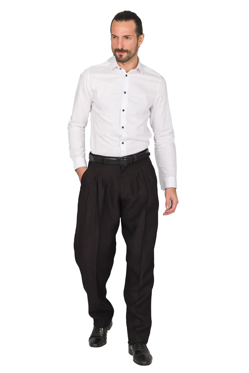 Shiny Black Linen Tango Pants With Four Pleats