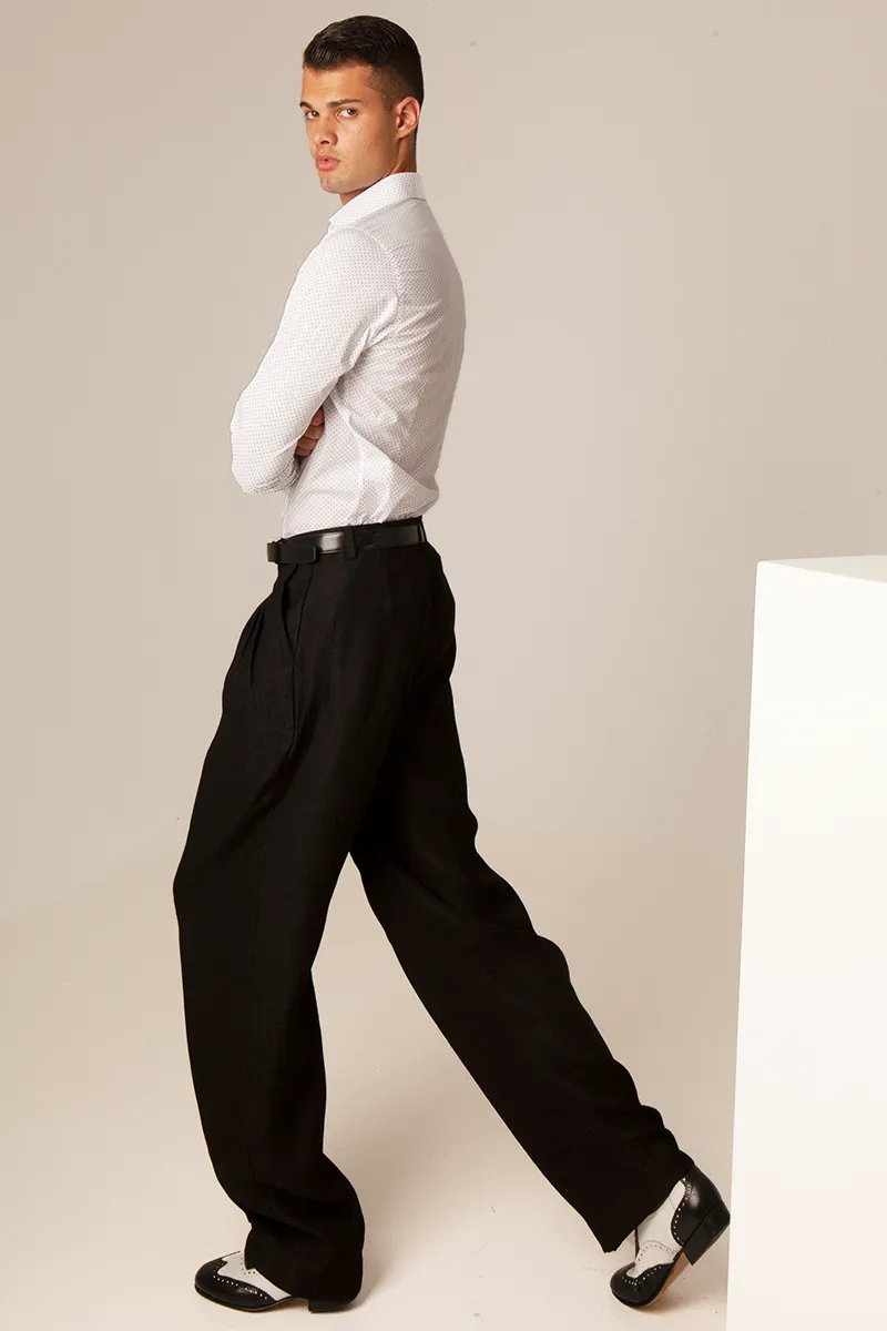 Shiny Black Linen Tango Pants With Four Pleats