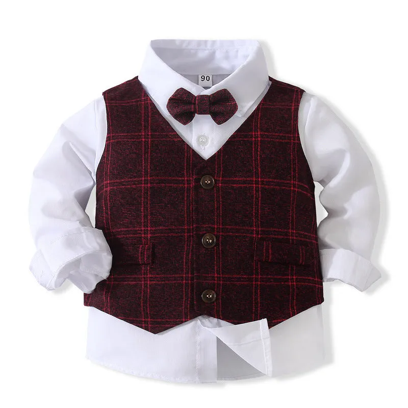 3 Pieces Set Baby Kid Boys Solid Color Shirts Checked Vests Waistcoats And Pants Wholesale 23082802