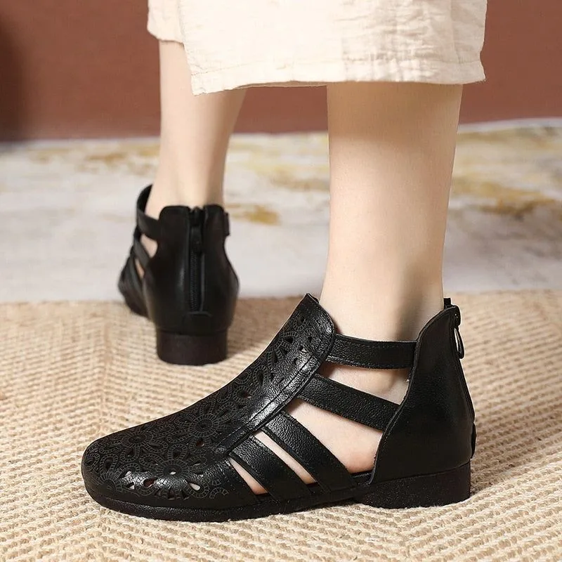 Leather Hollow Boots Flat Sandals - Women's Casual Shoes WC229