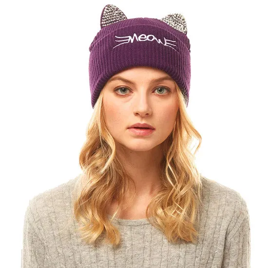 Meow Solid Stone Cat Ear Beanie Hat