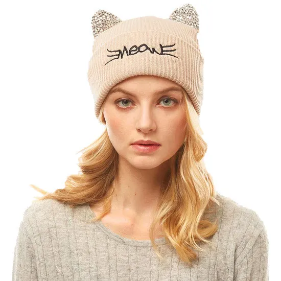 Meow Solid Stone Cat Ear Beanie Hat