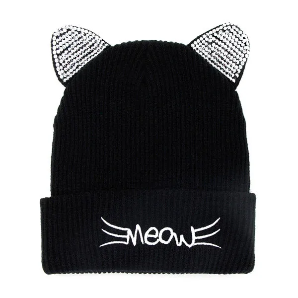 Meow Solid Stone Cat Ear Beanie Hat