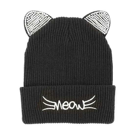 Meow Solid Stone Cat Ear Beanie Hat