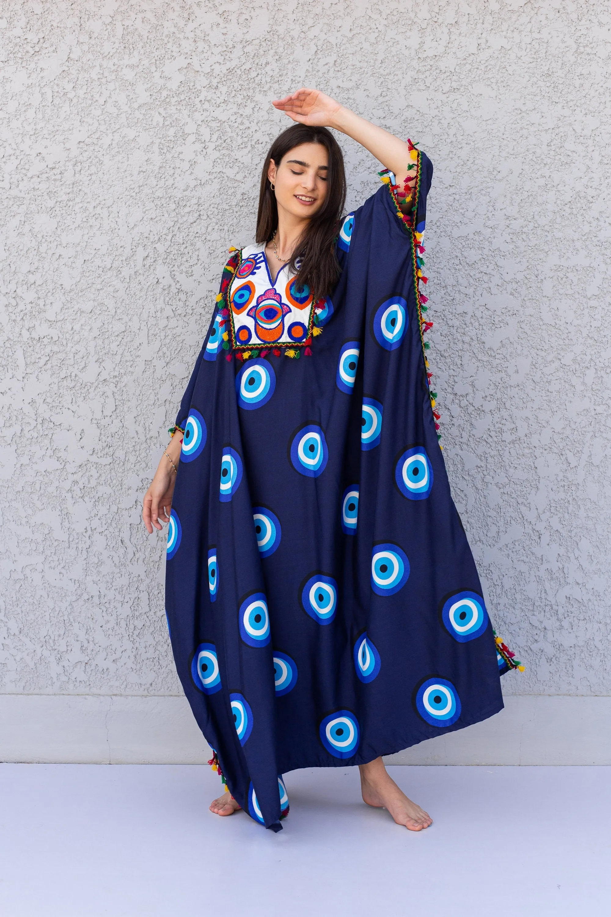 Navy Blue greek eye caftan, Embroidered Cotton caftan, Plus size Kaftan, Free size Bohemian Caftan, Cotton Kaftan, Exotic Kaftan, Caftan