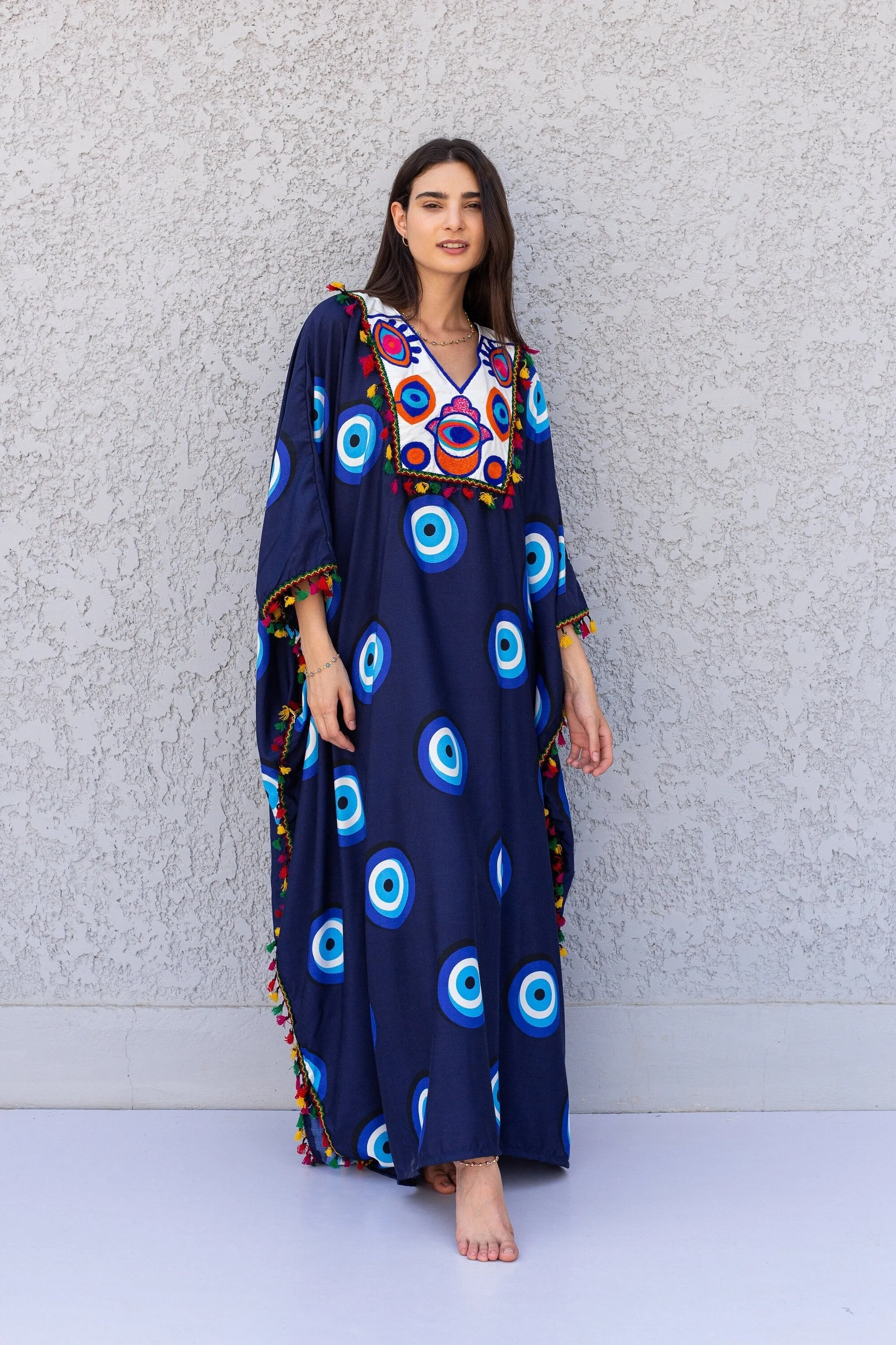 Navy Blue greek eye caftan, Embroidered Cotton caftan, Plus size Kaftan, Free size Bohemian Caftan, Cotton Kaftan, Exotic Kaftan, Caftan