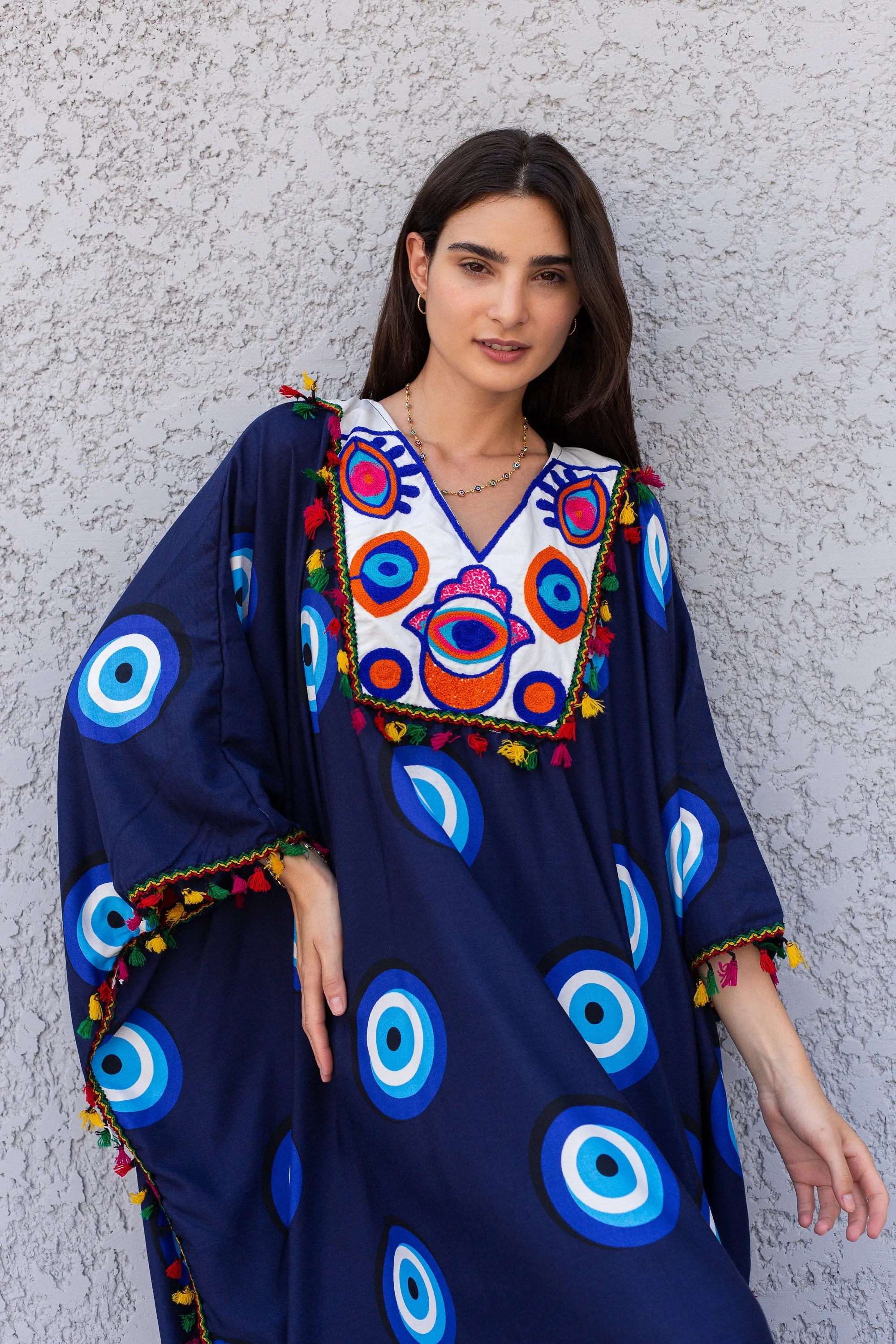 Navy Blue greek eye caftan, Embroidered Cotton caftan, Plus size Kaftan, Free size Bohemian Caftan, Cotton Kaftan, Exotic Kaftan, Caftan