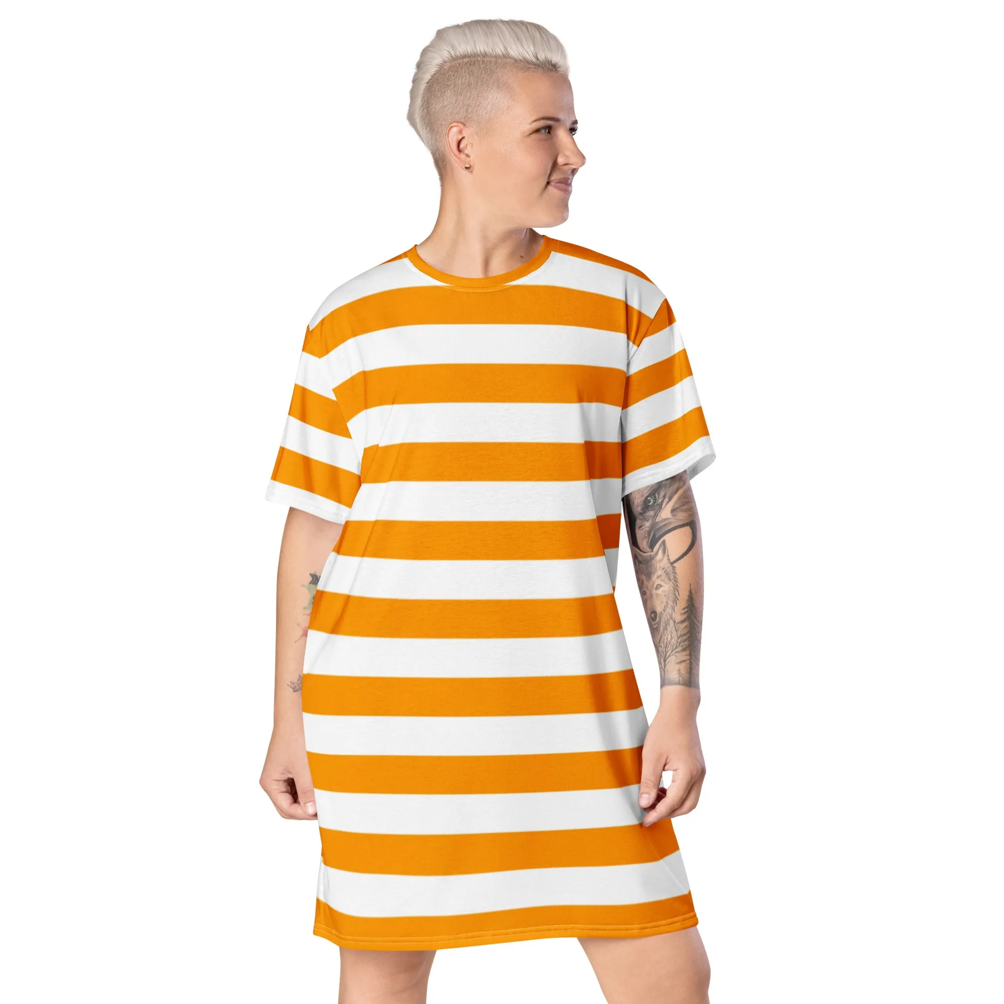 Orange White Striped Oversized T-Shirt Dress 2XS - 6XL / Plus Size Clothing