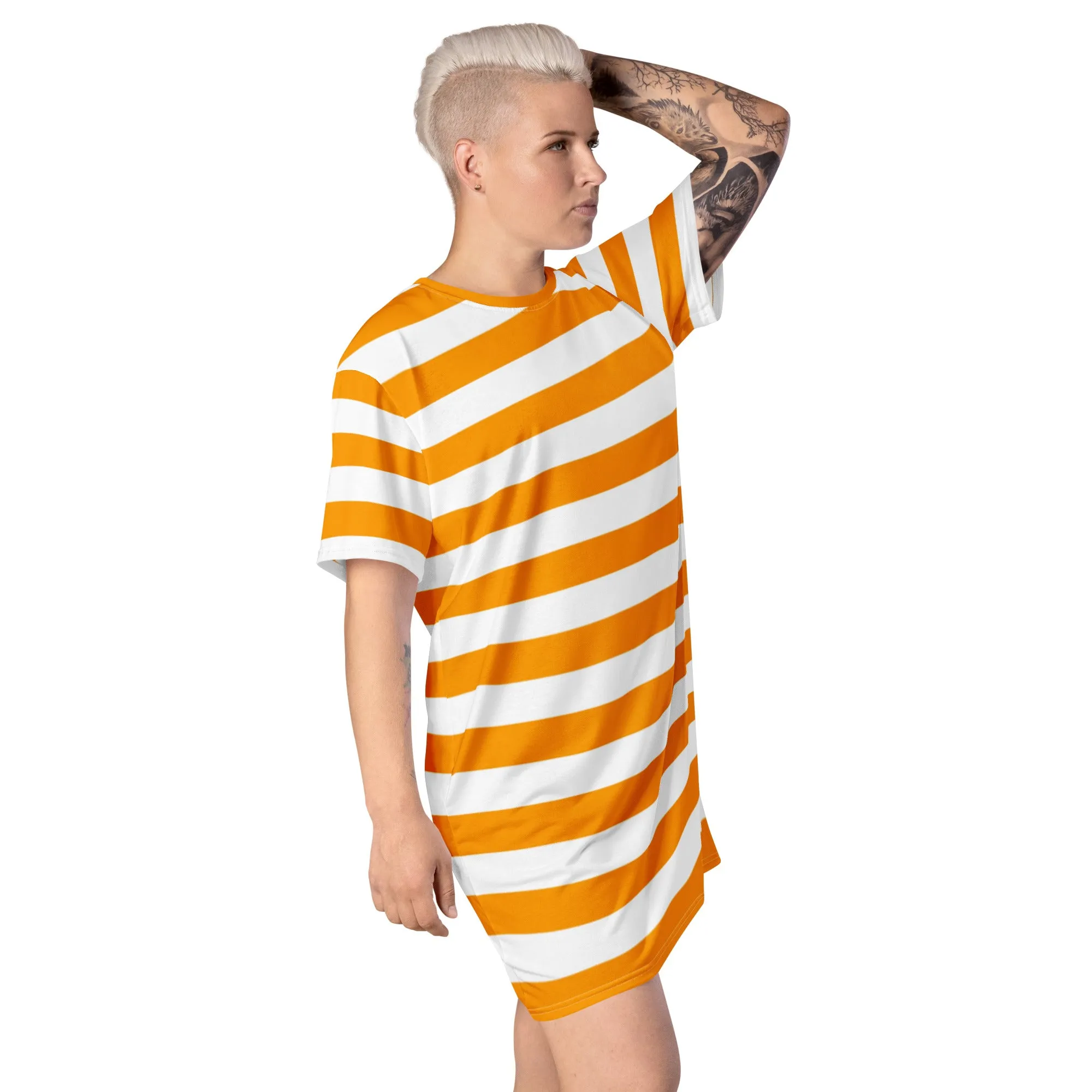 Orange White Striped Oversized T-Shirt Dress 2XS - 6XL / Plus Size Clothing