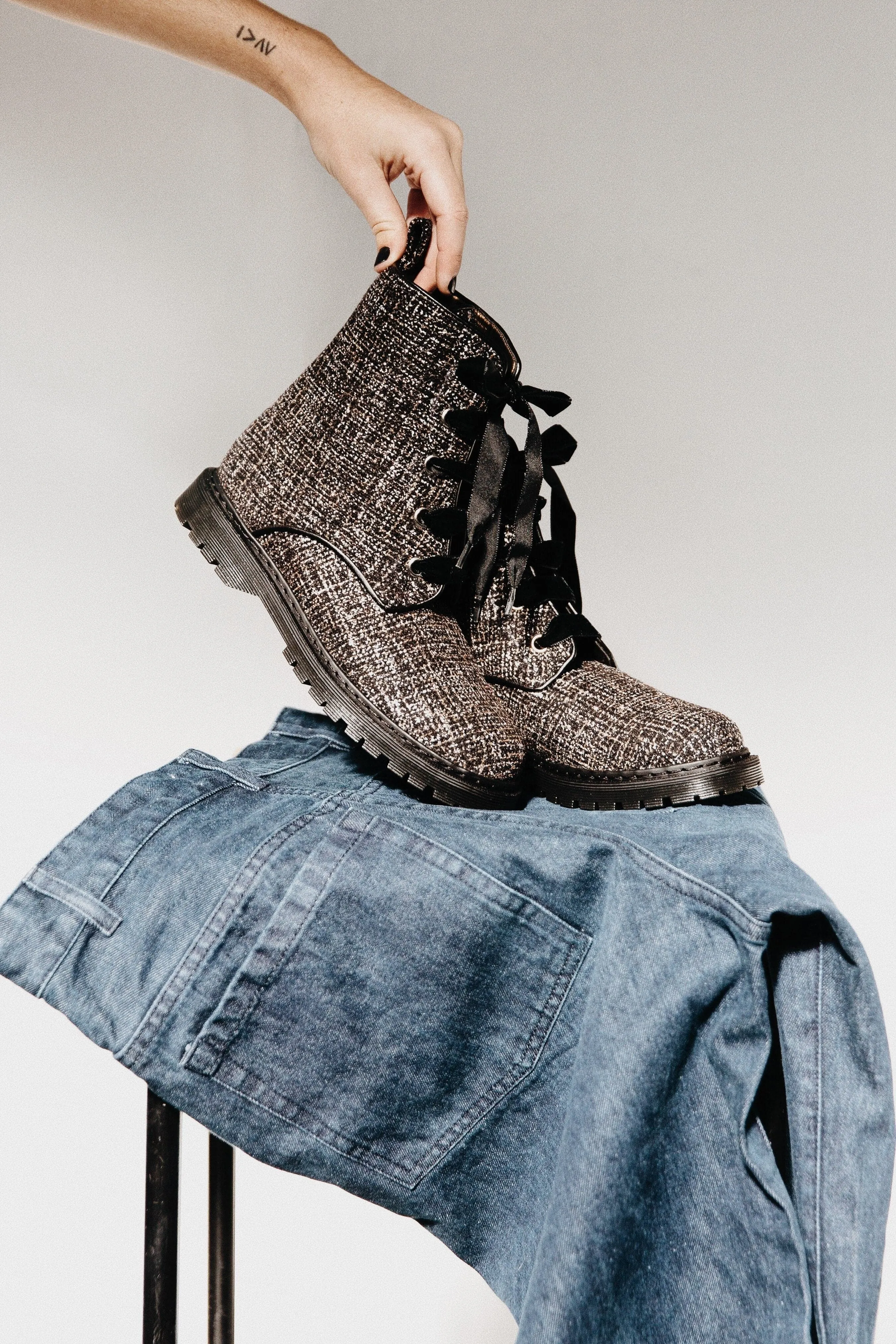 'Billie' vegan combat boots by Zette Shoes - Silver/Black textile