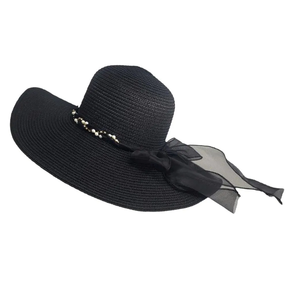 Rhinestone Pearl Twisted Bow Band Pointed Straw Sun Hat