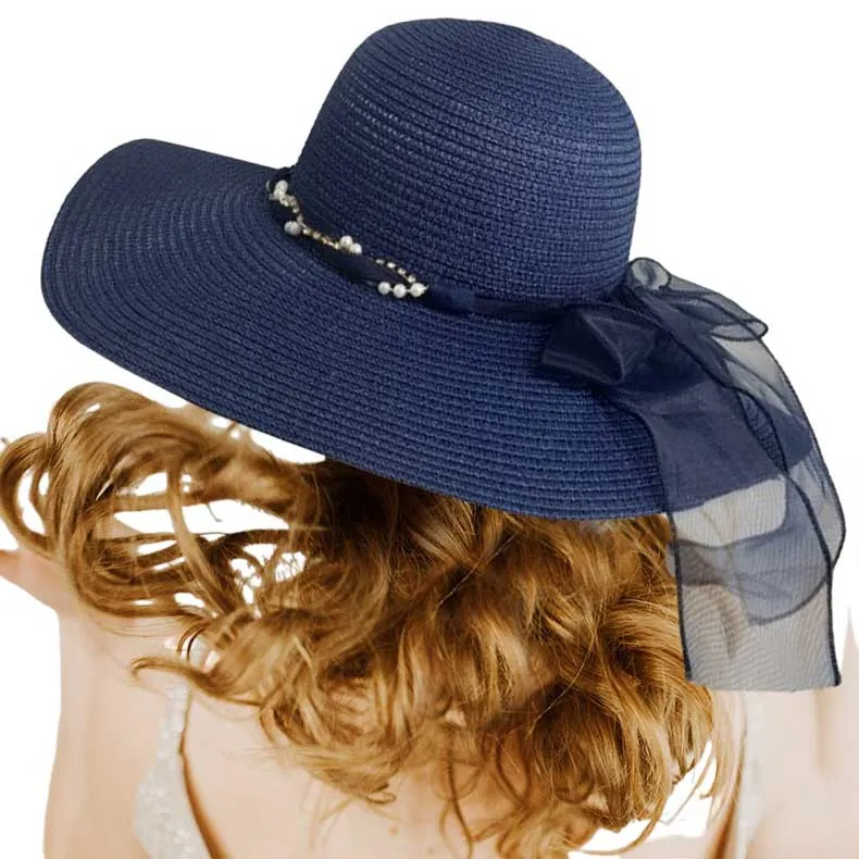 Rhinestone Pearl Twisted Bow Band Pointed Straw Sun Hat