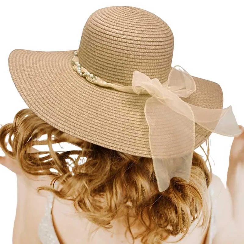 Rhinestone Pearl Twisted Bow Band Pointed Straw Sun Hat