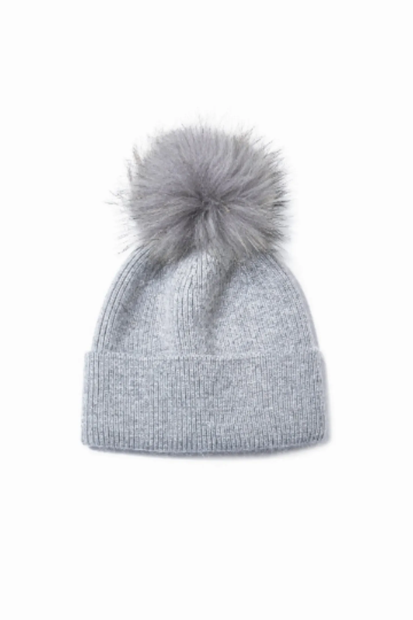 Ribbed Knit Beanie Hat w Faux Fur Pom Pom