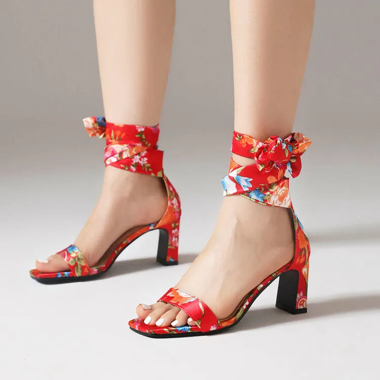 Women's Ethnic Ribbons Bow Tie Square Toe Block Heel Sandals