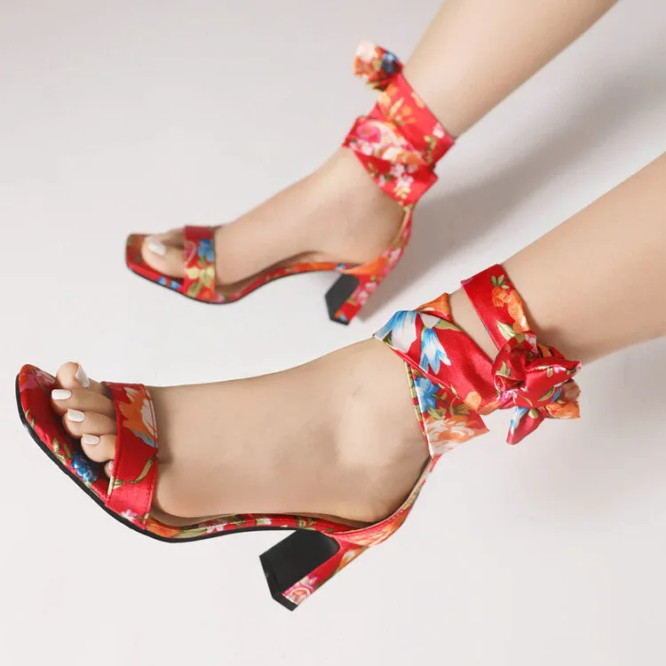 Women's Ethnic Ribbons Bow Tie Square Toe Block Heel Sandals