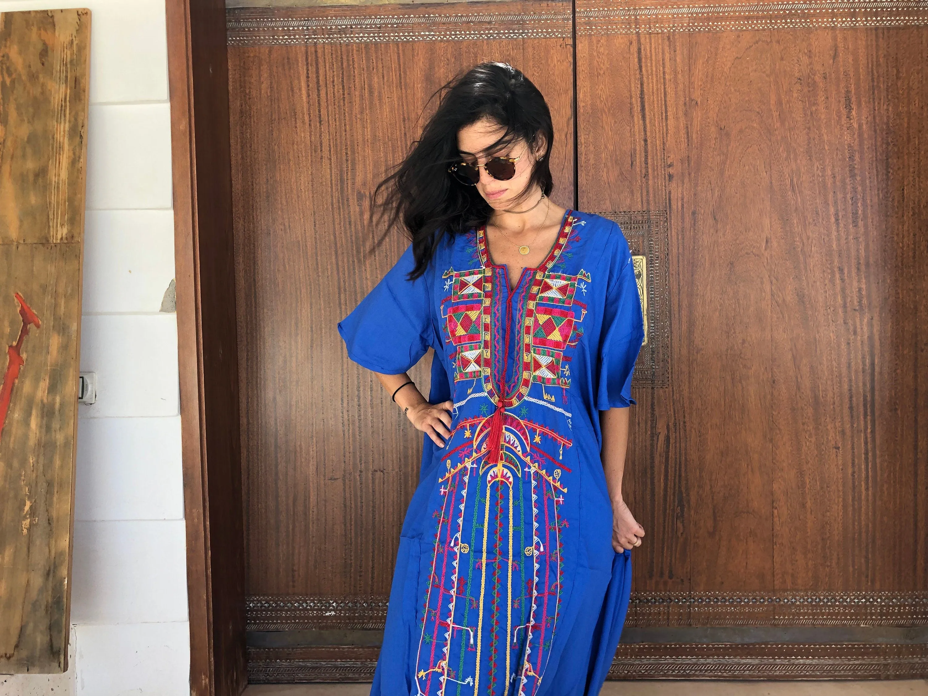 Siwa Blue Multicolor embroidered Kaftan dress, Cotton Kaftan, caftans for women, Summer Kaftan, Embroidered kaftan, caftans, Egyptian