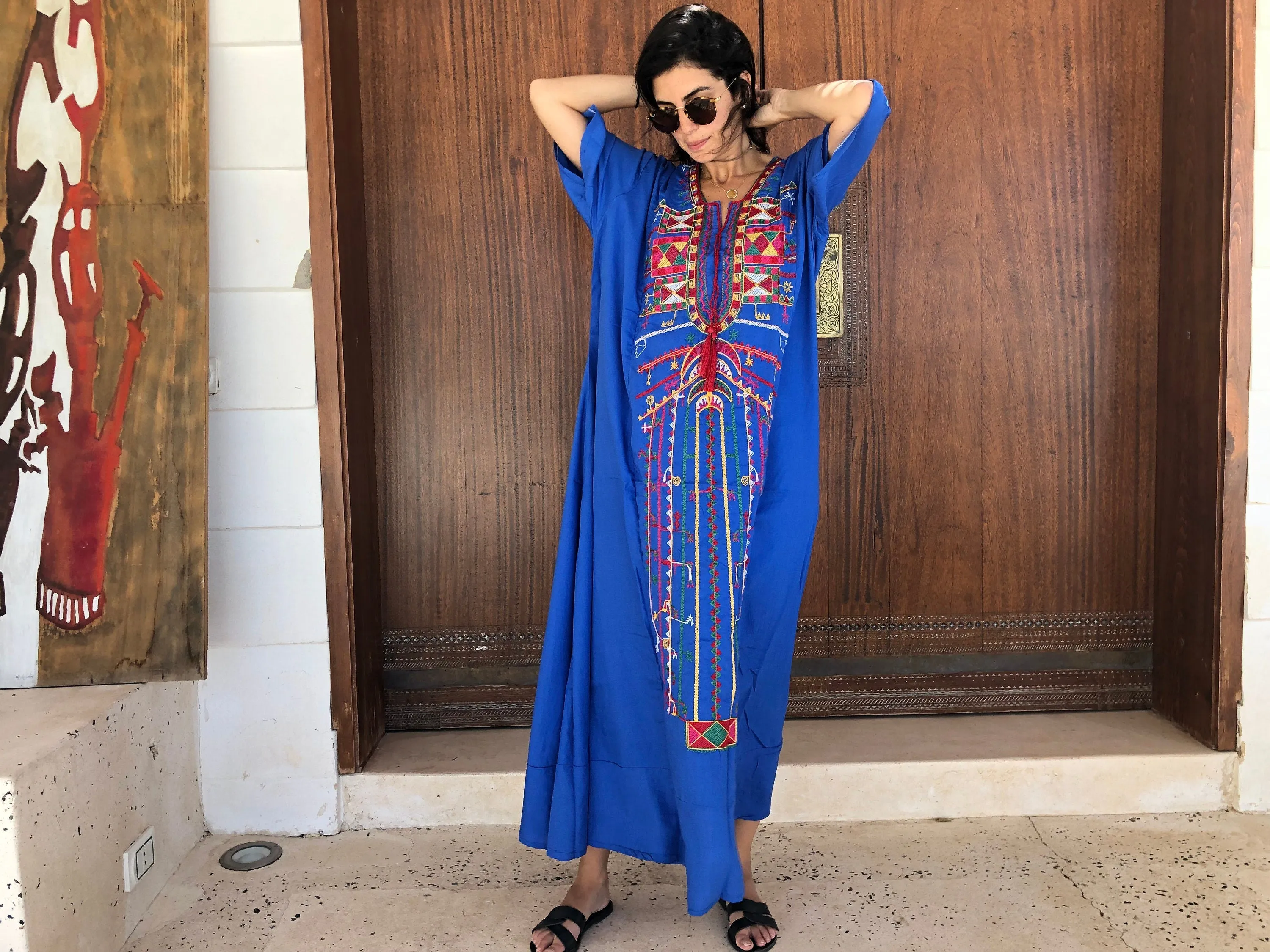 Siwa Blue Multicolor embroidered Kaftan dress, Cotton Kaftan, caftans for women, Summer Kaftan, Embroidered kaftan, caftans, Egyptian