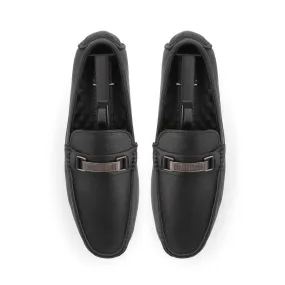 Strapped Gun Metal Buckled Moccasins-Black