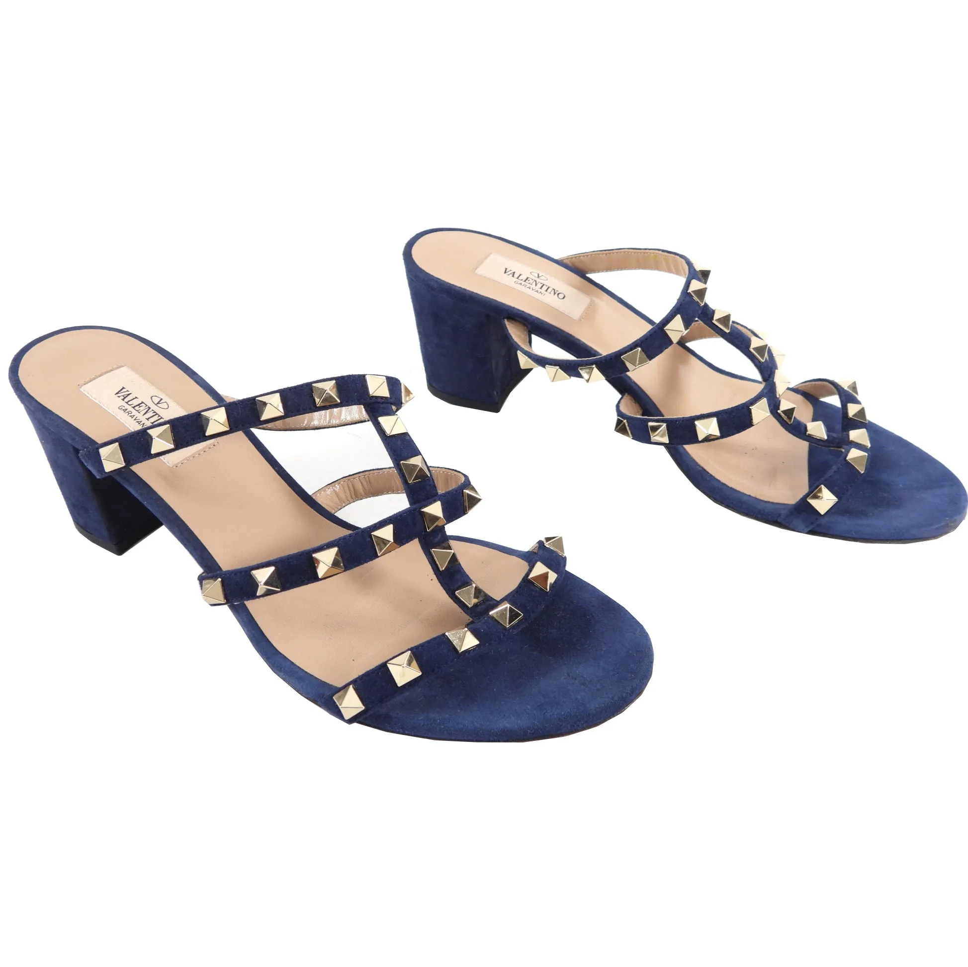 Valentino Dark Blue Suede Rock Stud Block Heel Sandals - 38.5