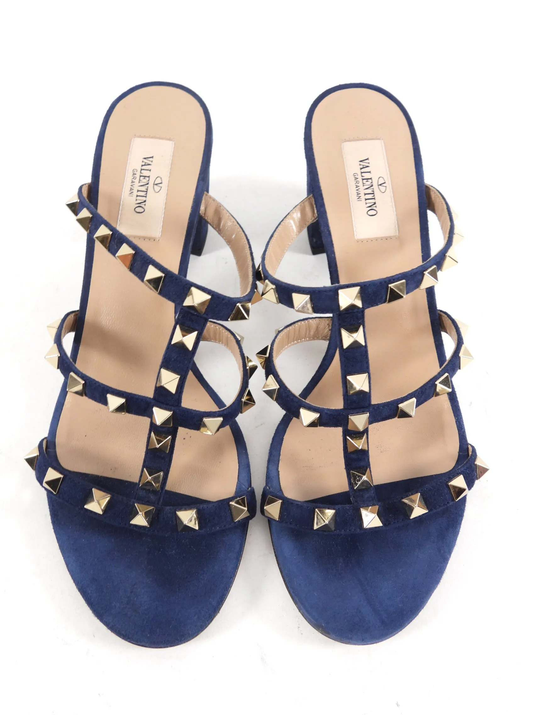 Valentino Dark Blue Suede Rock Stud Block Heel Sandals - 38.5