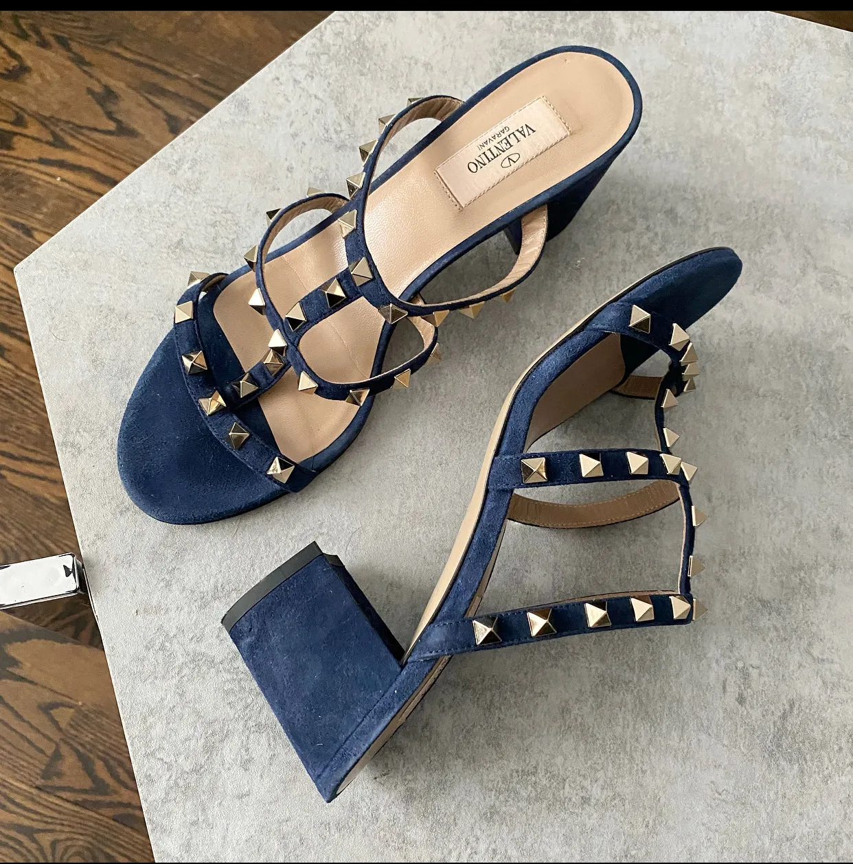 Valentino Dark Blue Suede Rock Stud Block Heel Sandals - 38.5