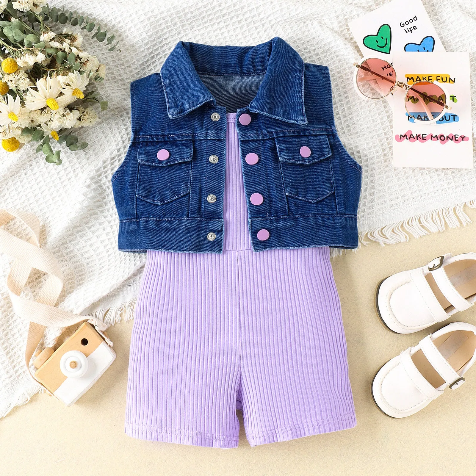 2 Pieces Set Kid Girls Solid Color Rompers And Vests Waistcoats Wholesale 240301129