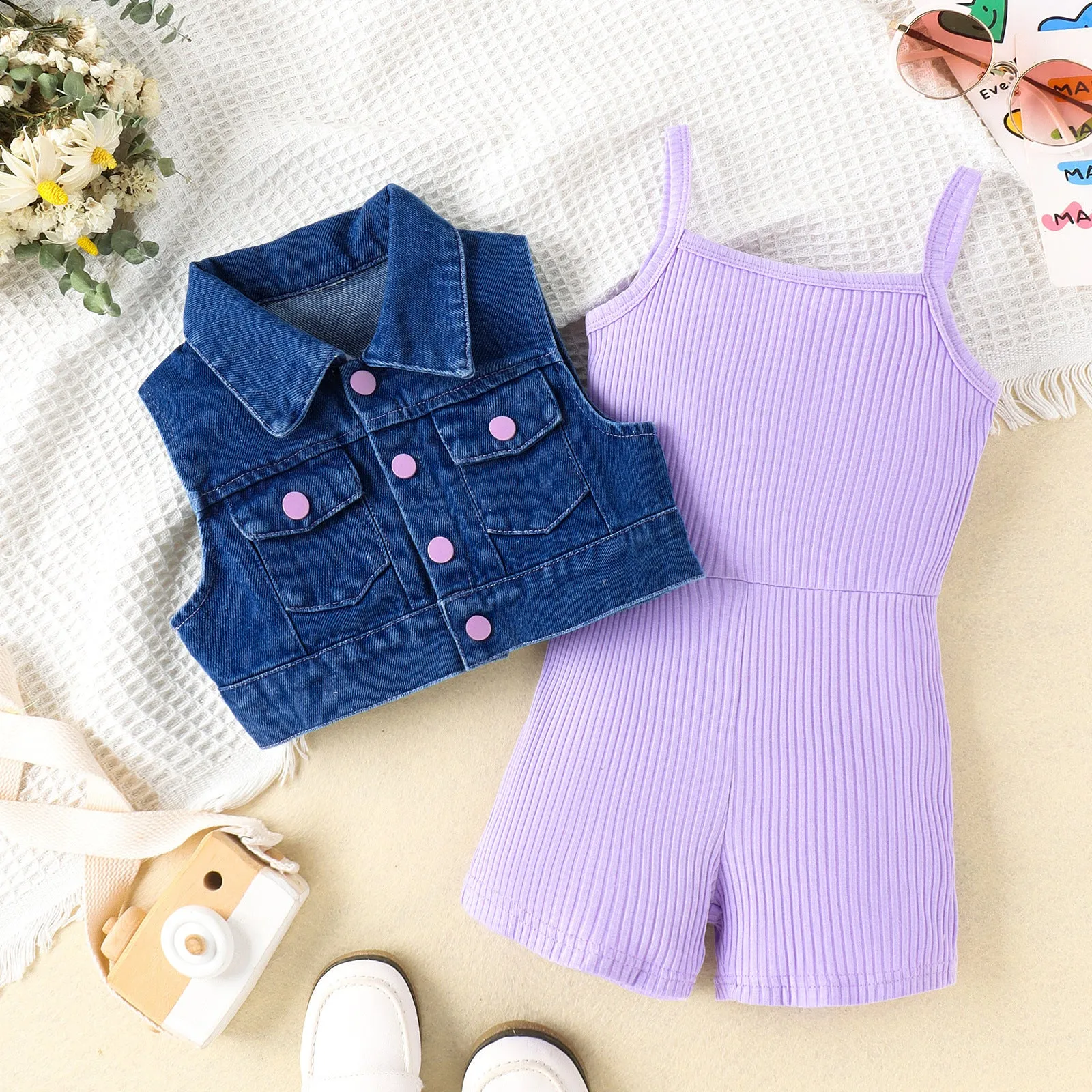 2 Pieces Set Kid Girls Solid Color Rompers And Vests Waistcoats Wholesale 240301129