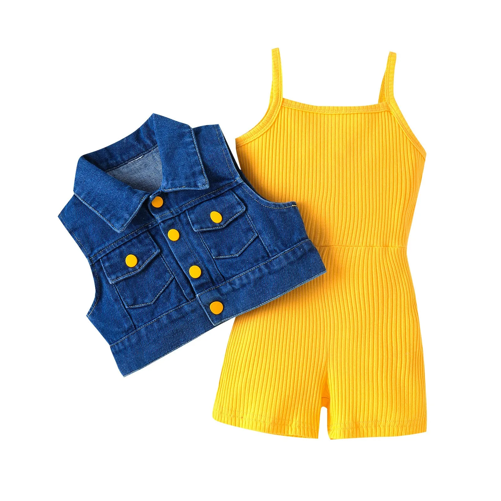 2 Pieces Set Kid Girls Solid Color Rompers And Vests Waistcoats Wholesale 240301129